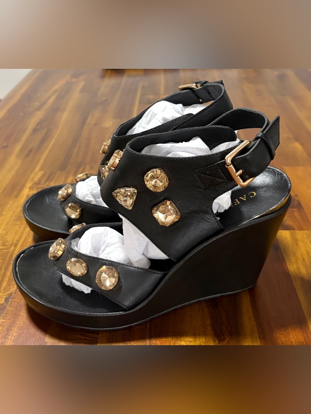 NWT. CafeNoir Black Wedge Sandals with Gold Crystal Accents . Vacation/Summer.